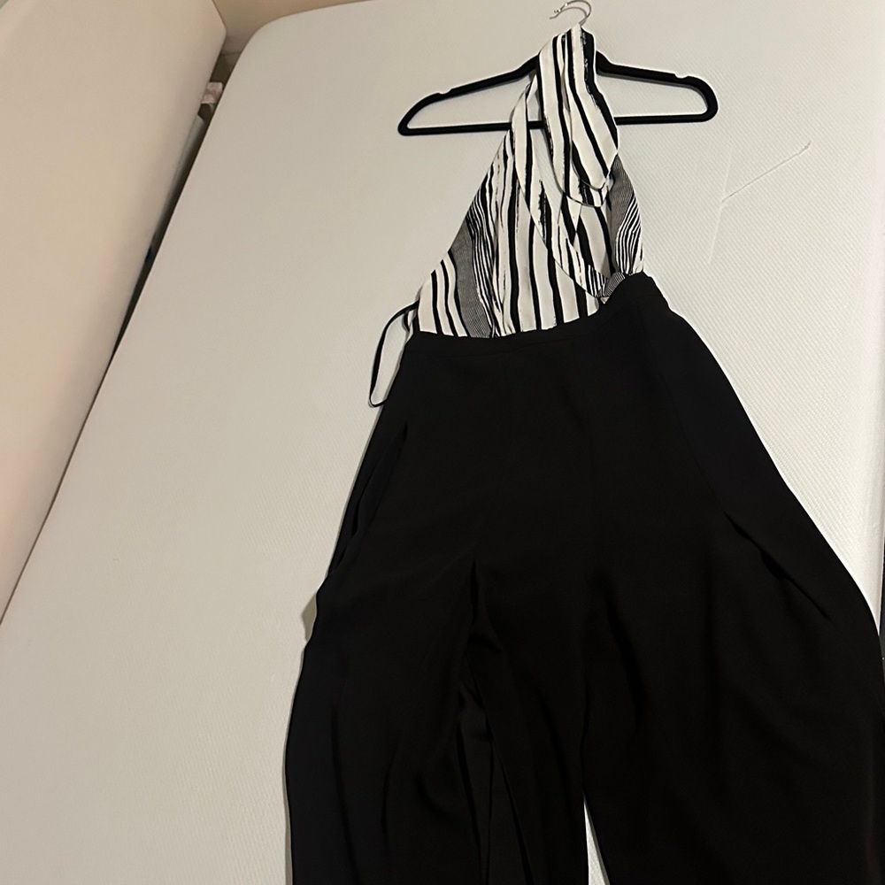 BCBGMaxAzria Monochrome Striped Halter Jumpsuit